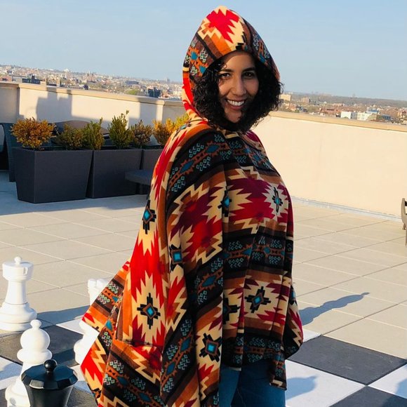 ZooFleece Orange Southwestern Aztec Tribal Indian Hooded Women’s Poncho Cape - Picture 2 of 5